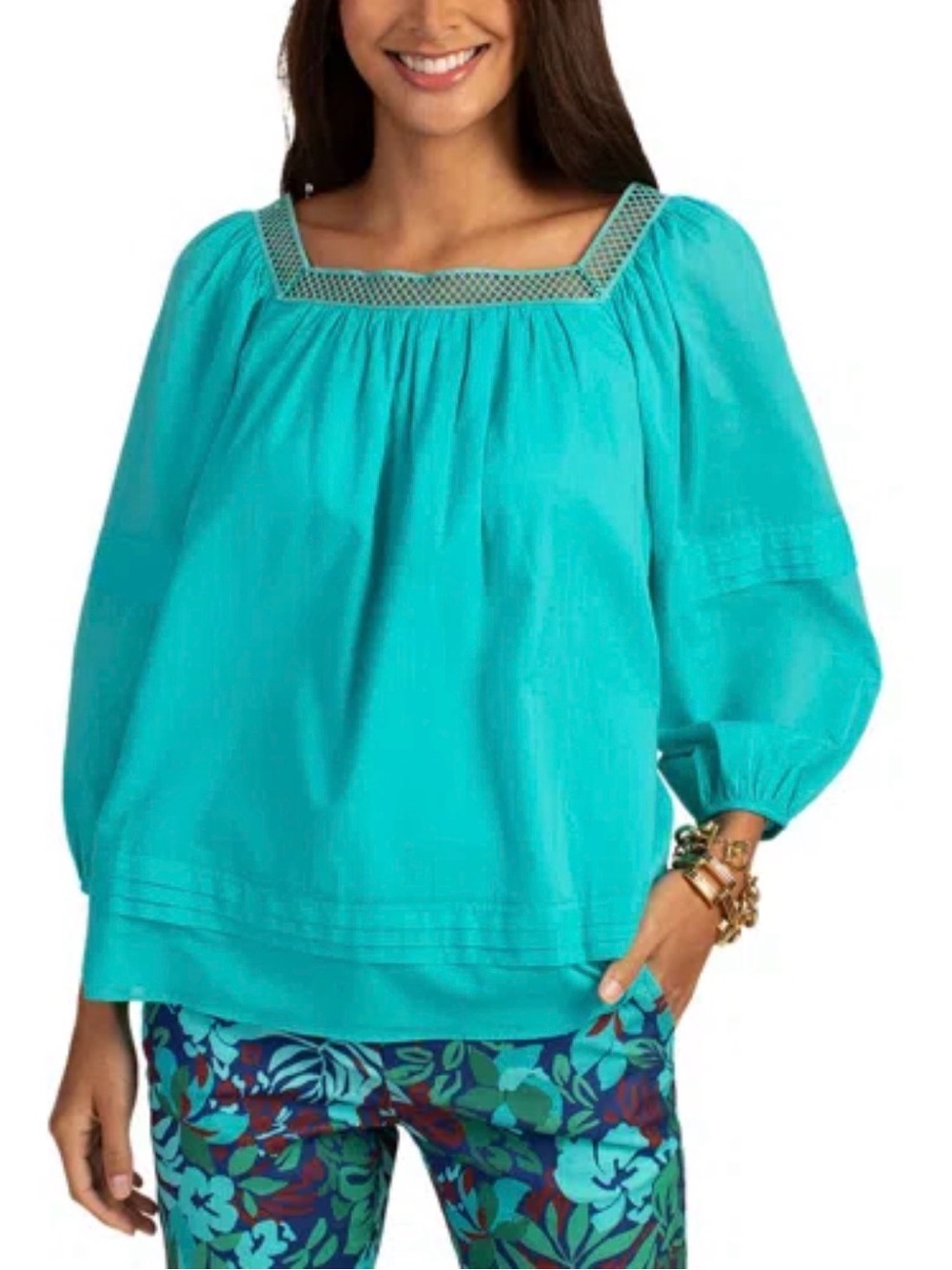 Trina Turk EL ARSA  Turquoise Square-Neck Peasant Blouse